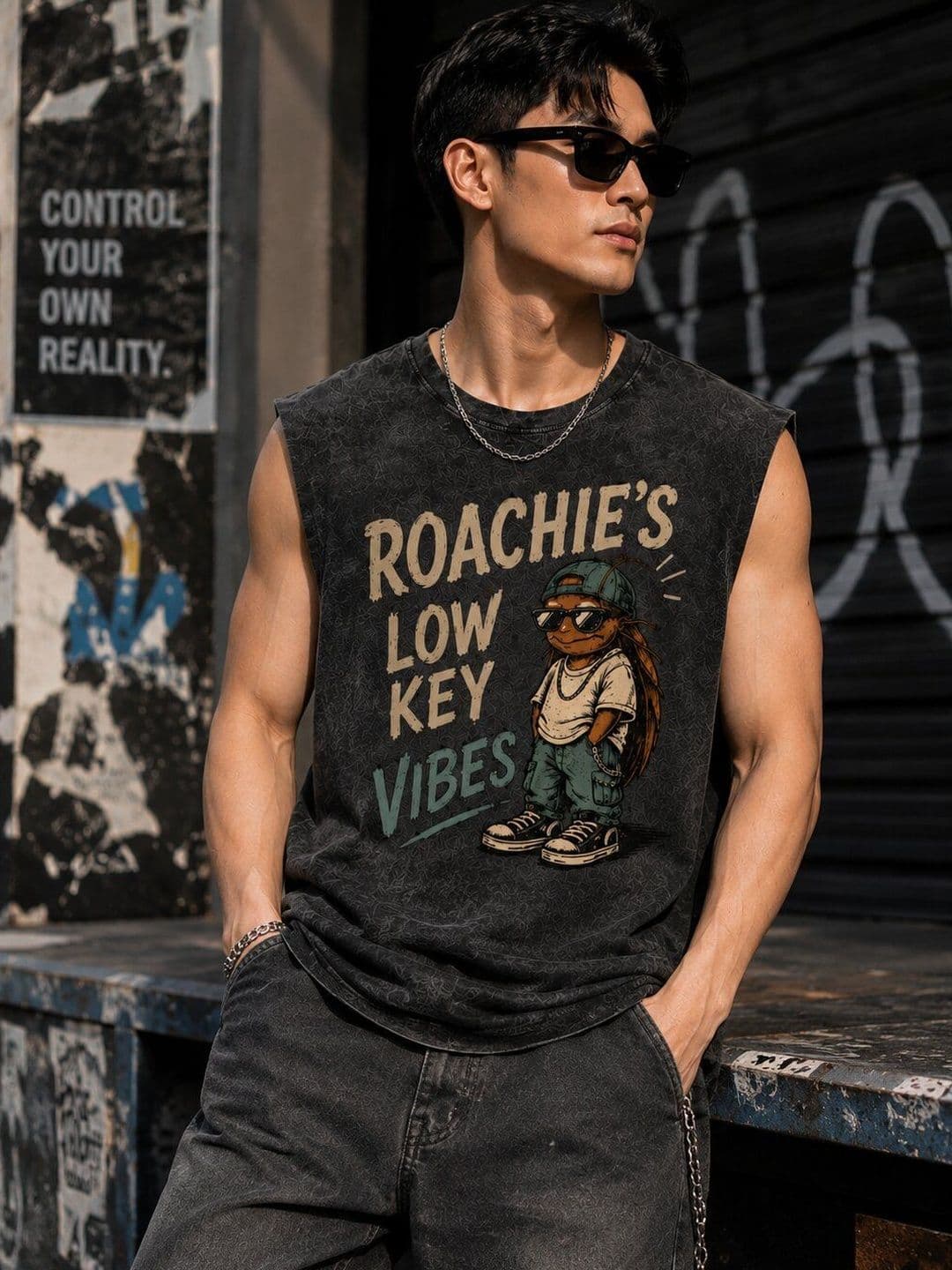 Bene Kleed Men Grey Graphic Acid Wash Oversized Sleeveless T-Shirt - view 1