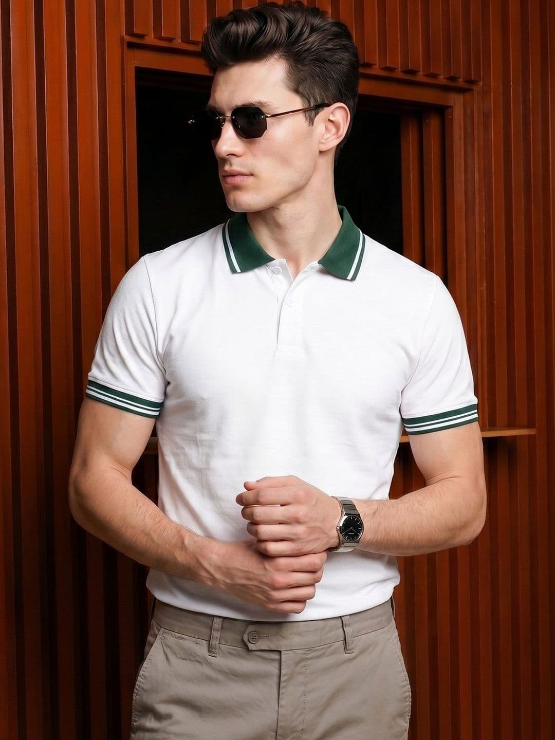 VEIRDO Men White Solid Regular Fit Pure Cotton Polo T-Shirt - view 1
