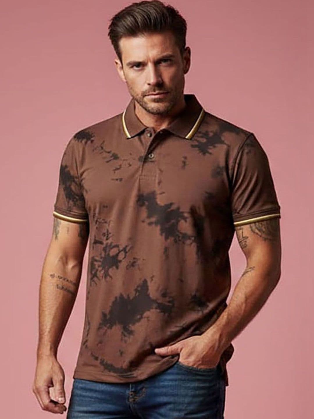 HERE&NOW Men Tie and Dye Dyed Polo Collar T-shirt - view 1