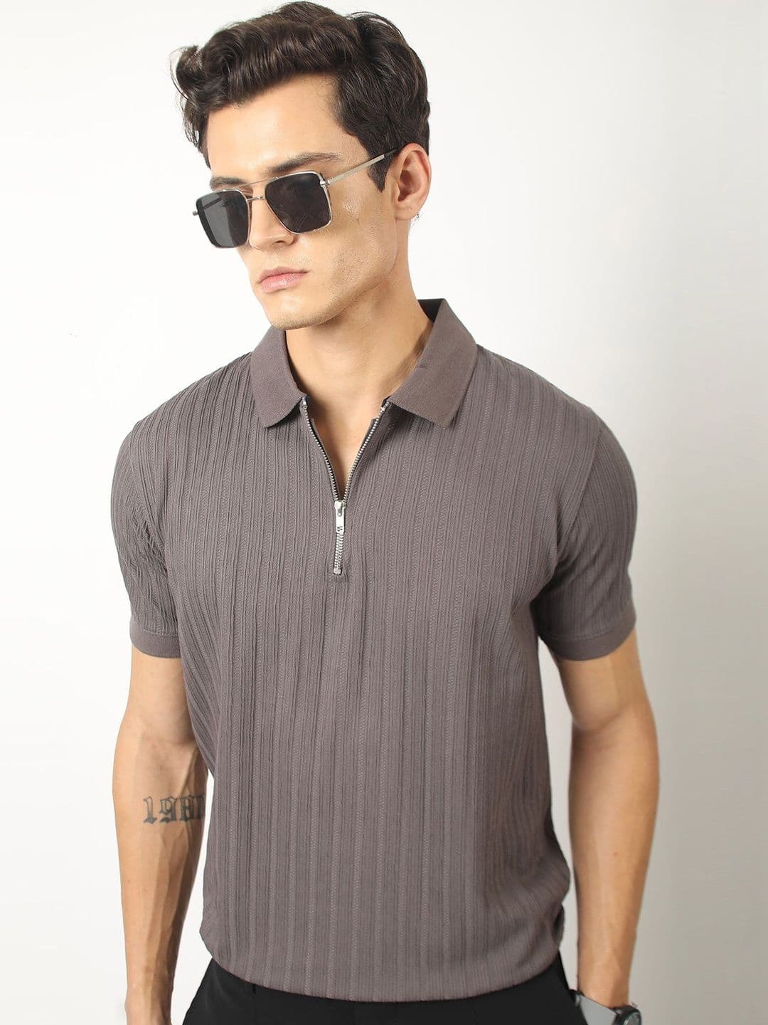 Maniac Men Dark Grey Tangled Half Sleeve Half-Zip Polo T-Shirt - view 1