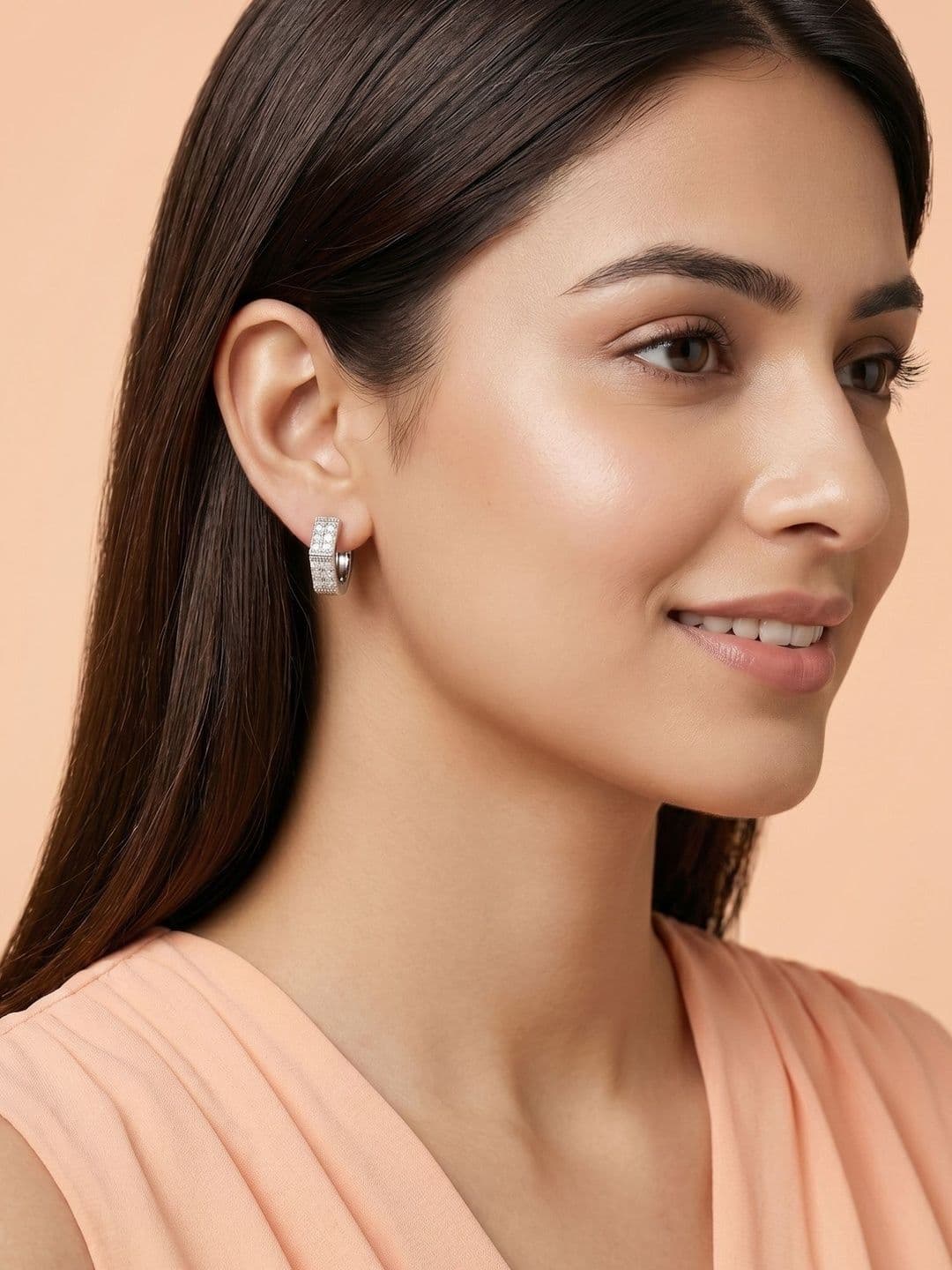 925 SILLER 925 Pure Silver Zircon Studded Small Hoop Bali Earrings - view 1