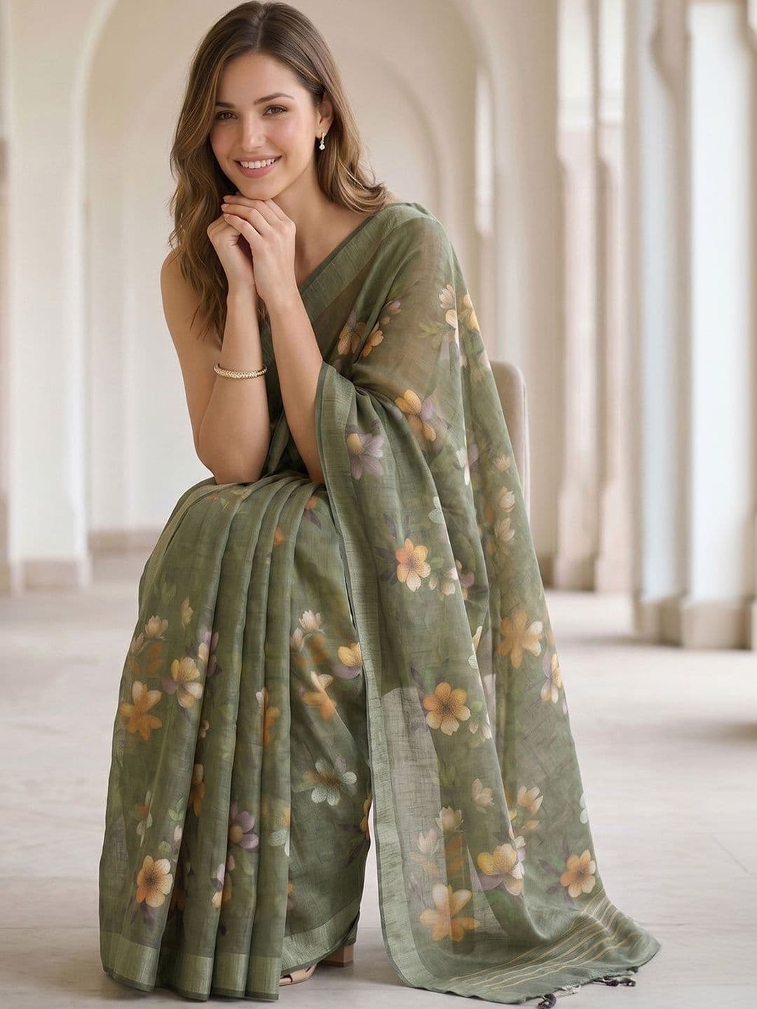 THREAD BOX Floral Linen Blend Saree - view 1