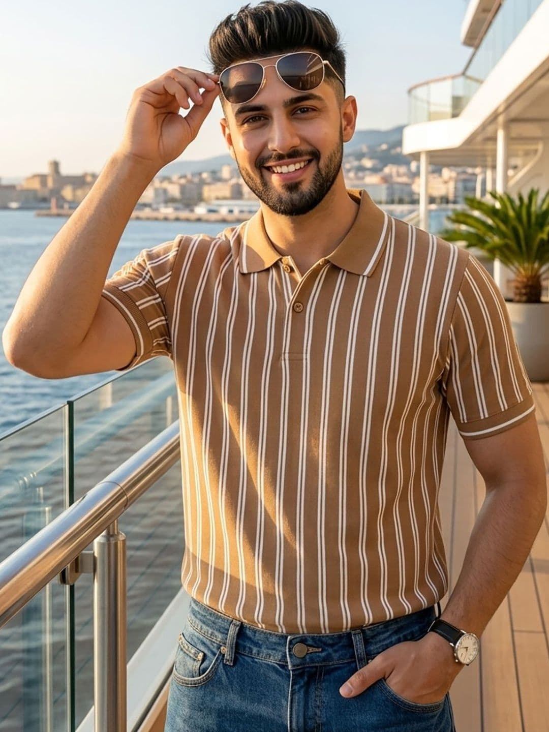 Mast & Harbour Men Striped Polo Collar T-shirt - view 1