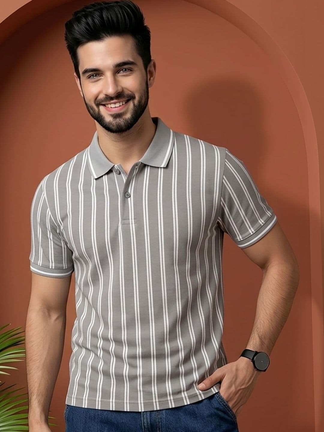 HERE&NOW Men Striped Polo Collar T-shirt - view 1