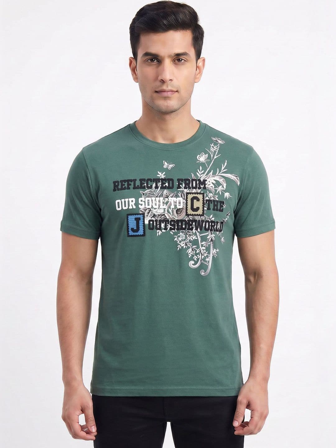 Plugin Olive Green Typography Round Neck T-shirt - view 1
