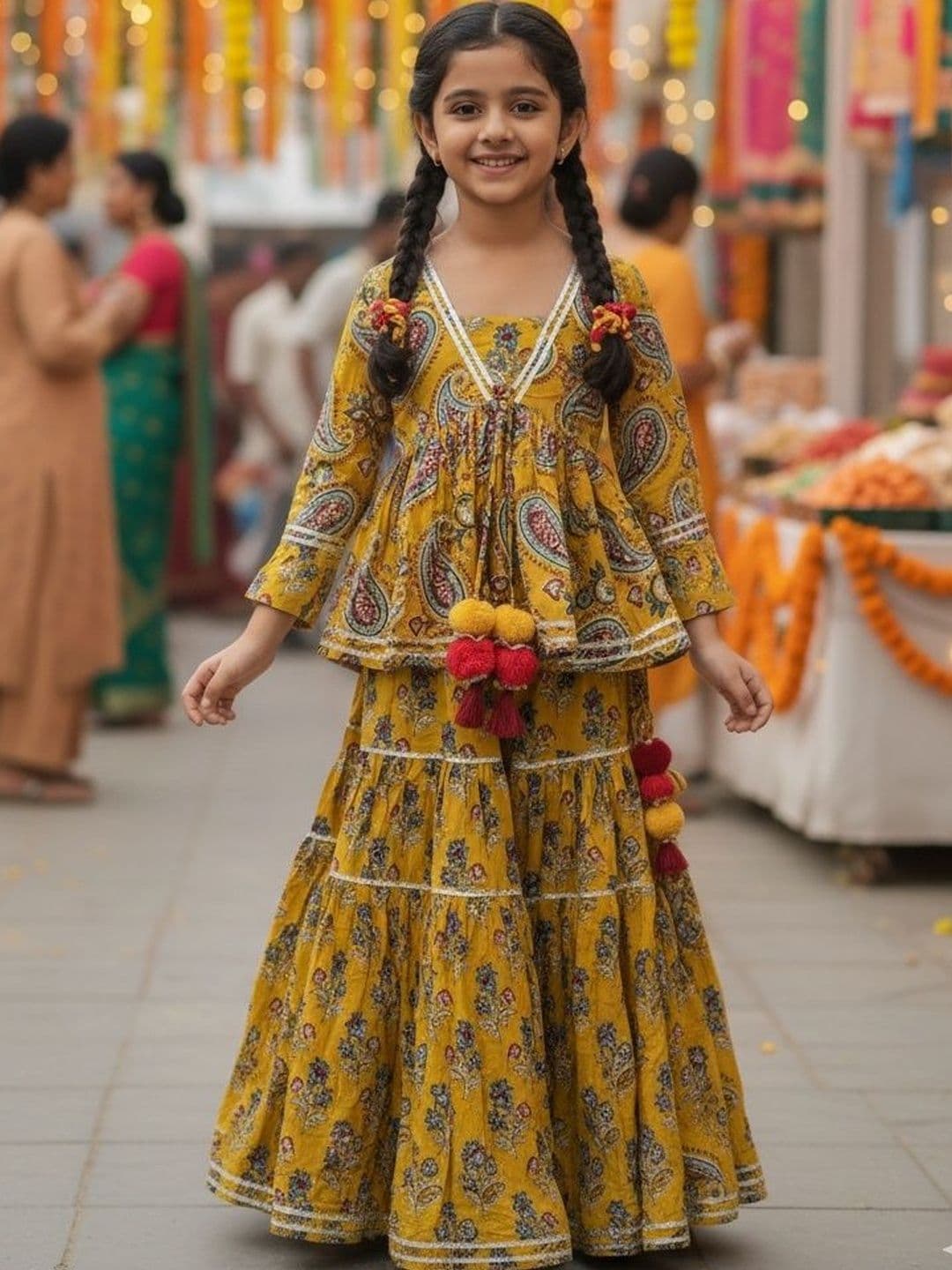 Rangi Saga Girls Printed Block Print Ready to Wear Lehenga & - view 1