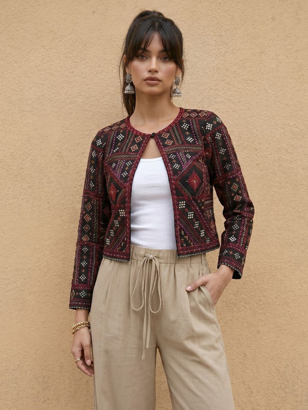 fusion by glitchez Geometric Embroidered Collarless Tailored Jacket - view 1