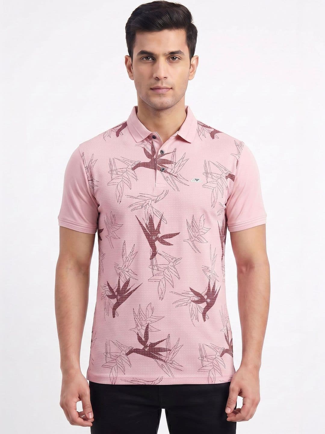 Plugin Pink Abstract Printed Polo Collar Short Sleeves T-shirt - view 1