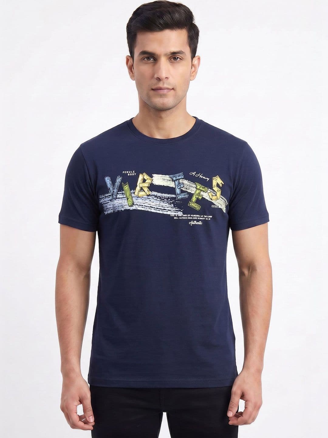 Plugin Navy Blue Typography Round Neck T-shirt - view 1