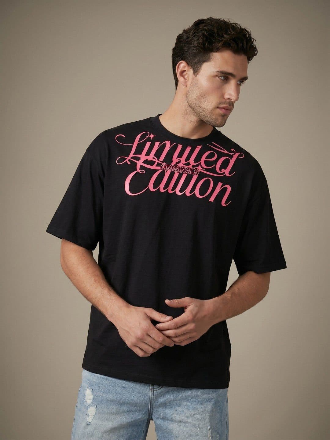 glitchez Typography Printed Drop Shoulder Sleeves Pure Cotton T-shirt - view 1