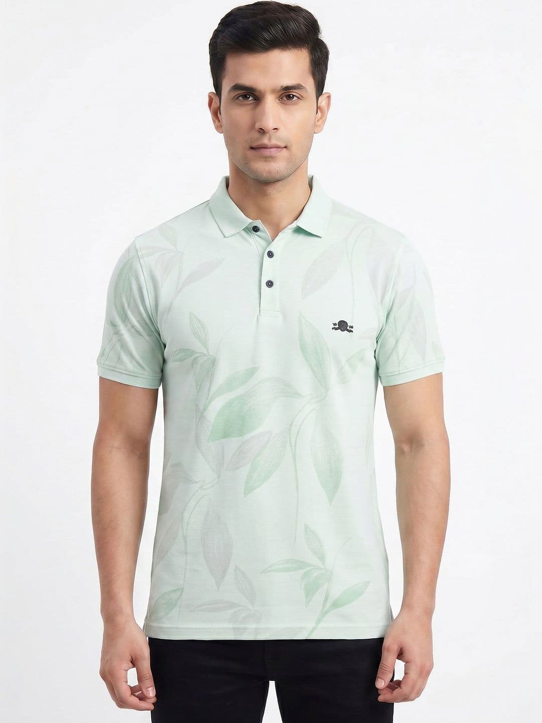 Plugin Floral Printed Polo Neck Collar Short Sleeves Cotton T-shirt - view 1