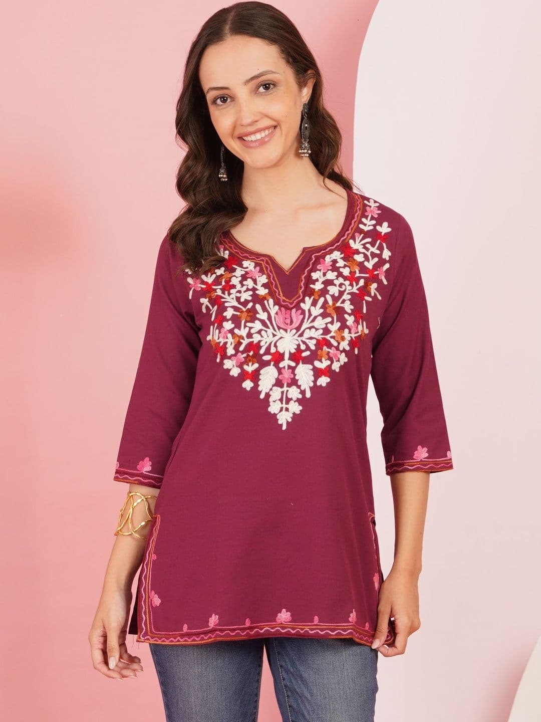 Sangria Floral Embroidered V-Neck Thread Work Pure Cotton Blend Thread Work Kurti - view 1