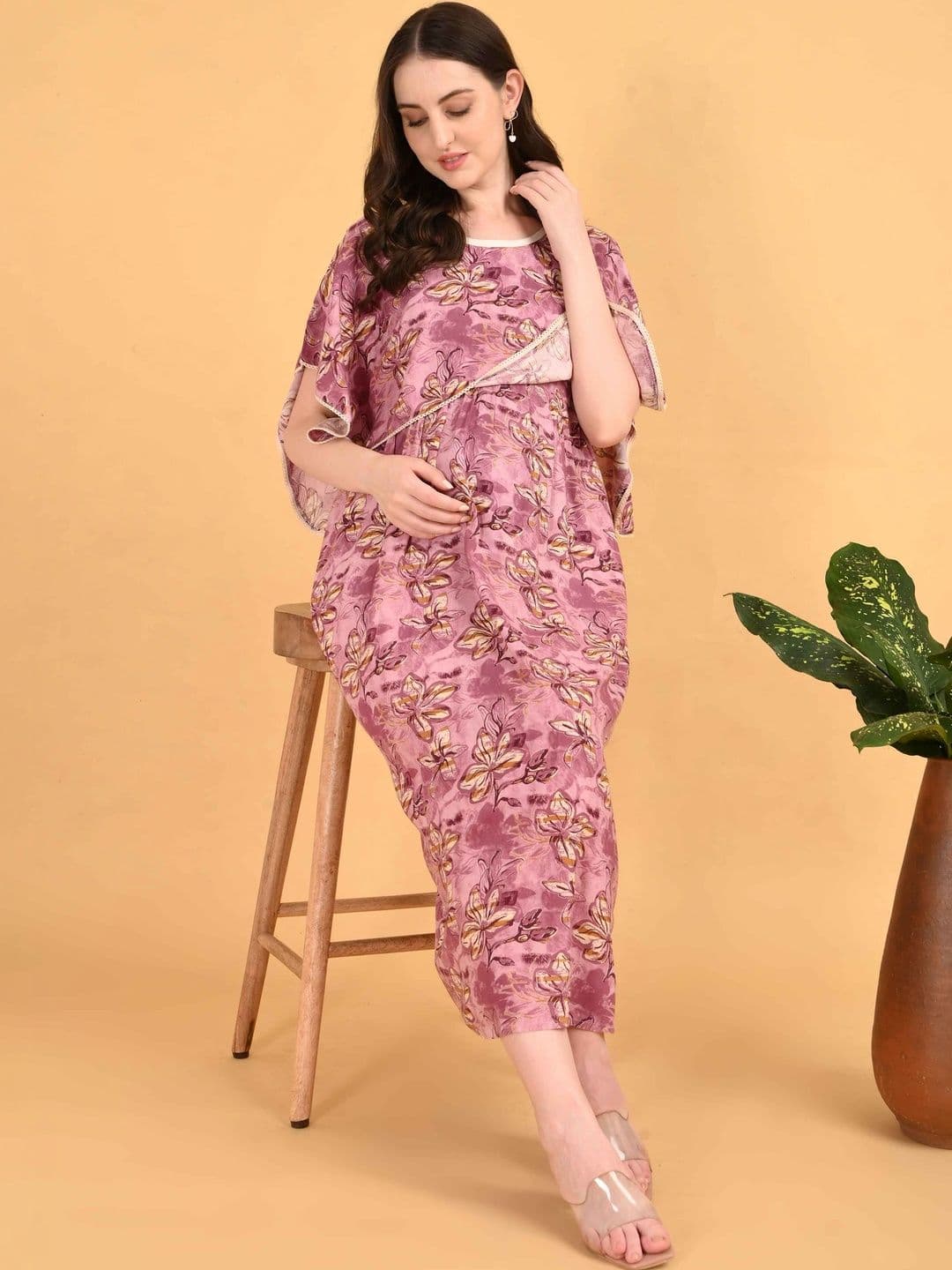 Minelli Floral Print Kimono Sleeve Maternity Kaftan Midi Dress - view 1