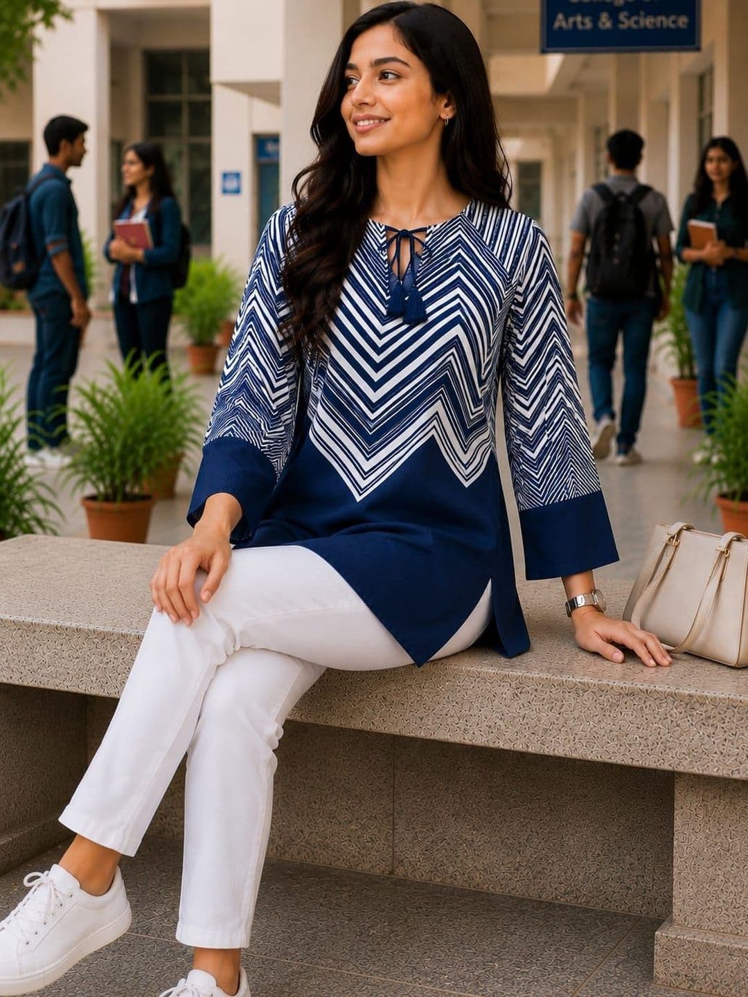 ROSHNI Women Geometric Printed Round Neck Rayon Regular Kurti - view 1