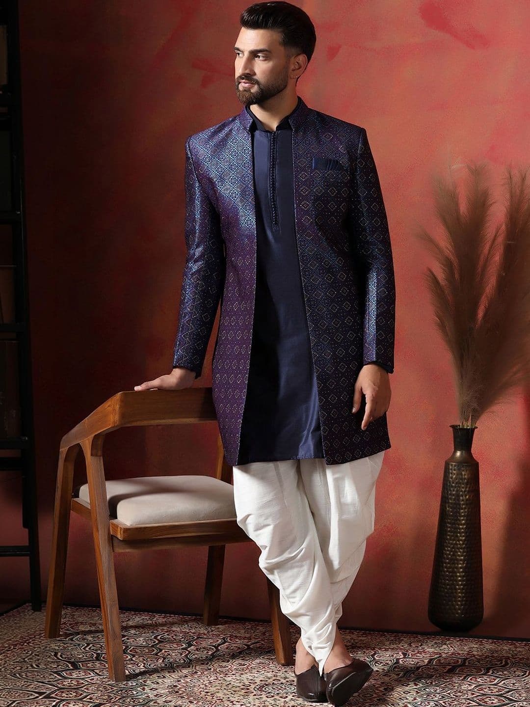 SOURAGYA Printed Mandarin Collar Sherwani - view 1