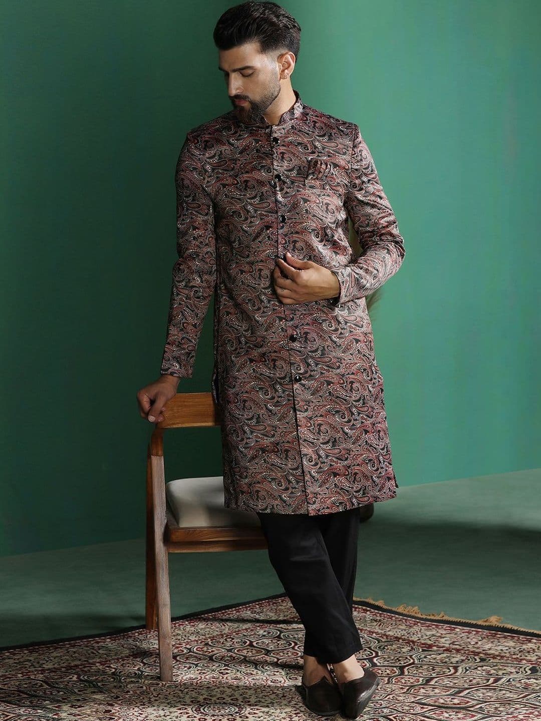 SOURAGYA Printed Mandarin Collar Sherwani - view 1
