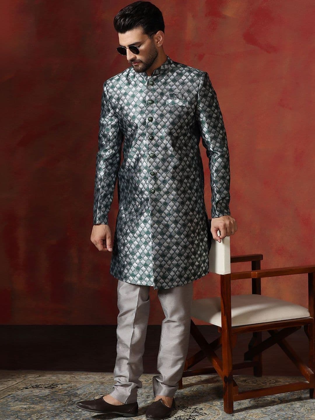 SOURAGYA Embroidered Mandarin Collar Sherwani - view 1