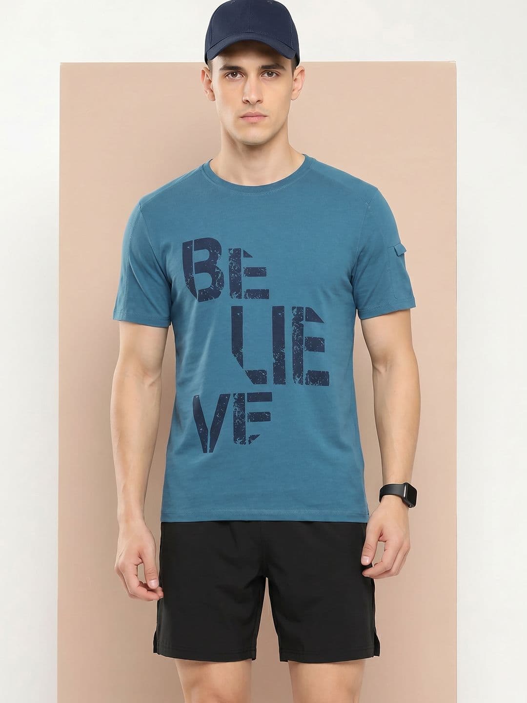 Alcis Men Teal Blue Typography Printed Slim Fit Gym T-shirt - view 1