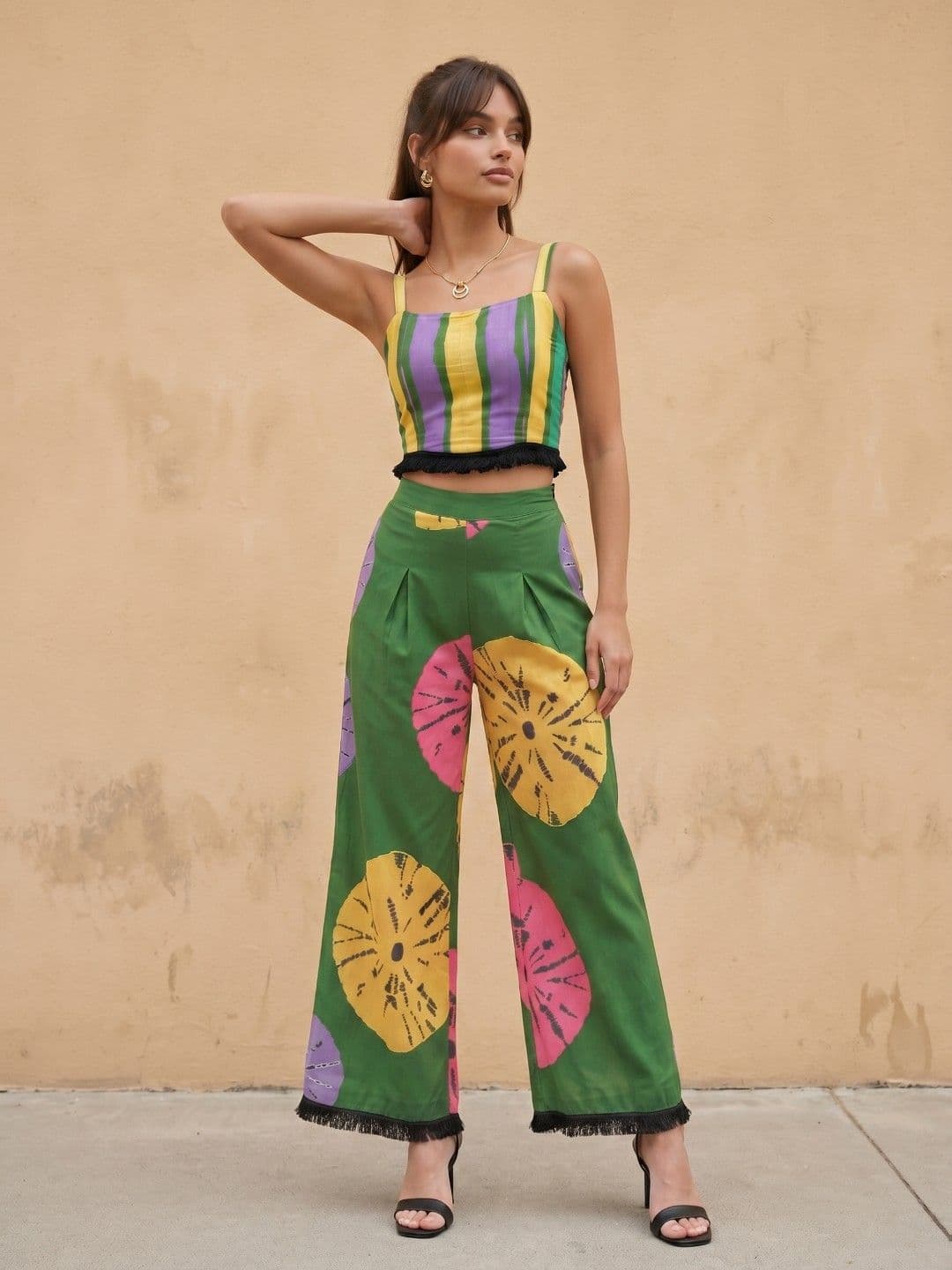 fusion by glitchez Geometric Printed Co-Ords with Striped Top - view 1