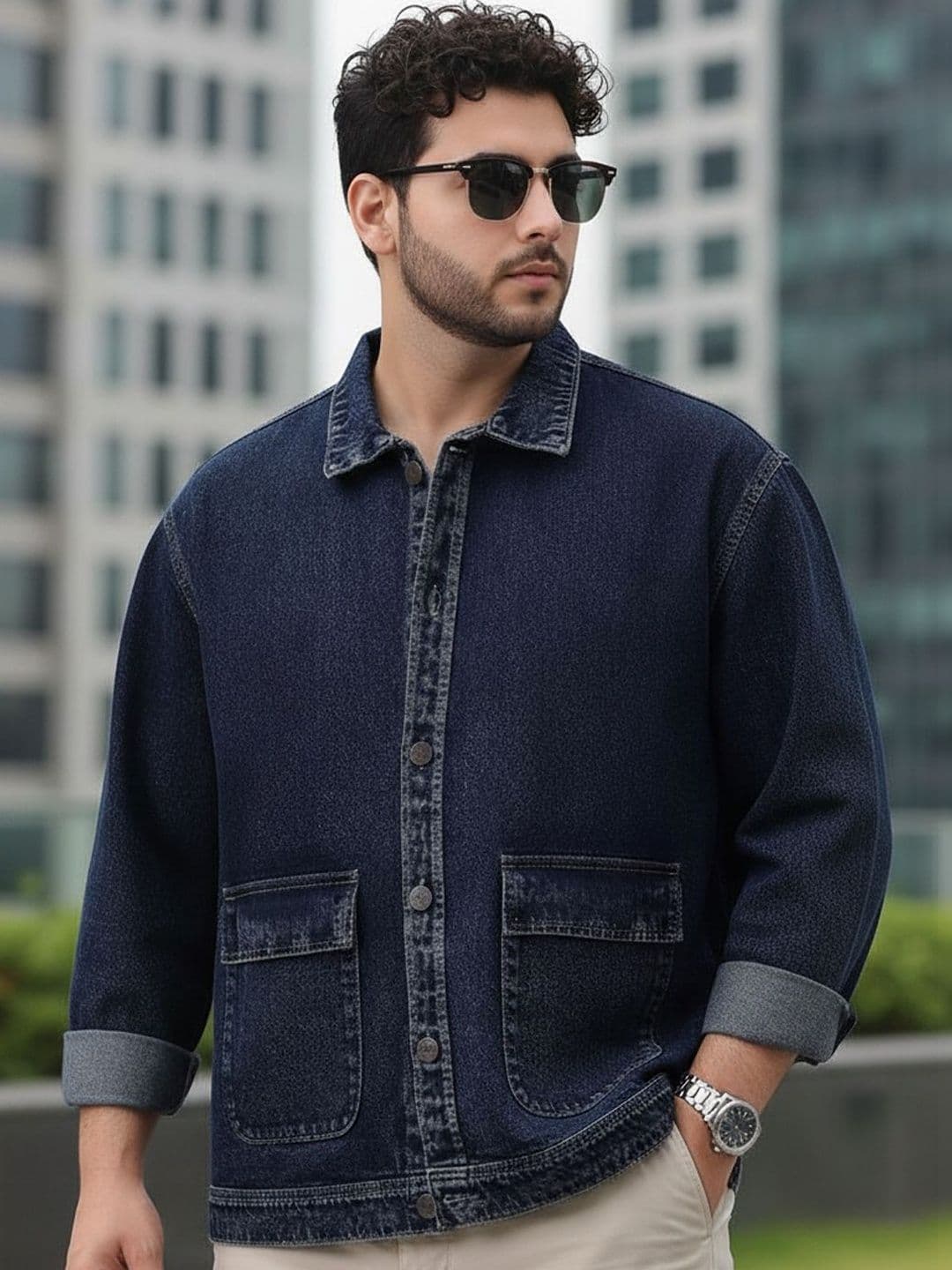 Urbano Plus Men Plus Size Spread Collar Solid Denim Jacket - view 1
