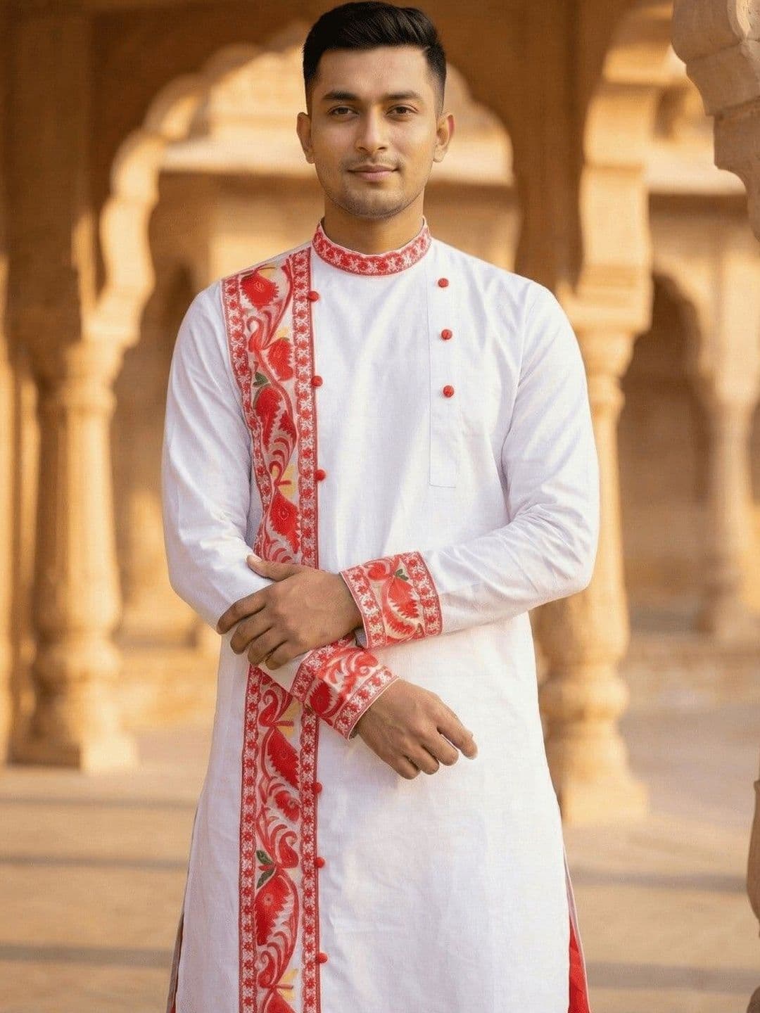 GOURI COLLECTIONS Men Cotton Jamdani Printed Straight Kurta - view 1