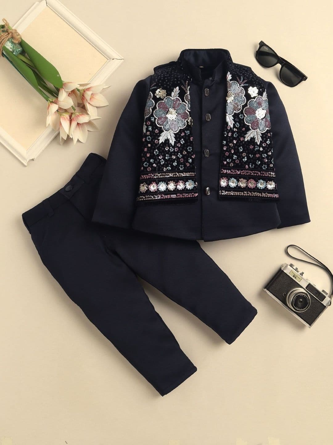Sangria Boys Embroidered Mandarin Collar Sherwani Set with Embroidered Jacket - view 1