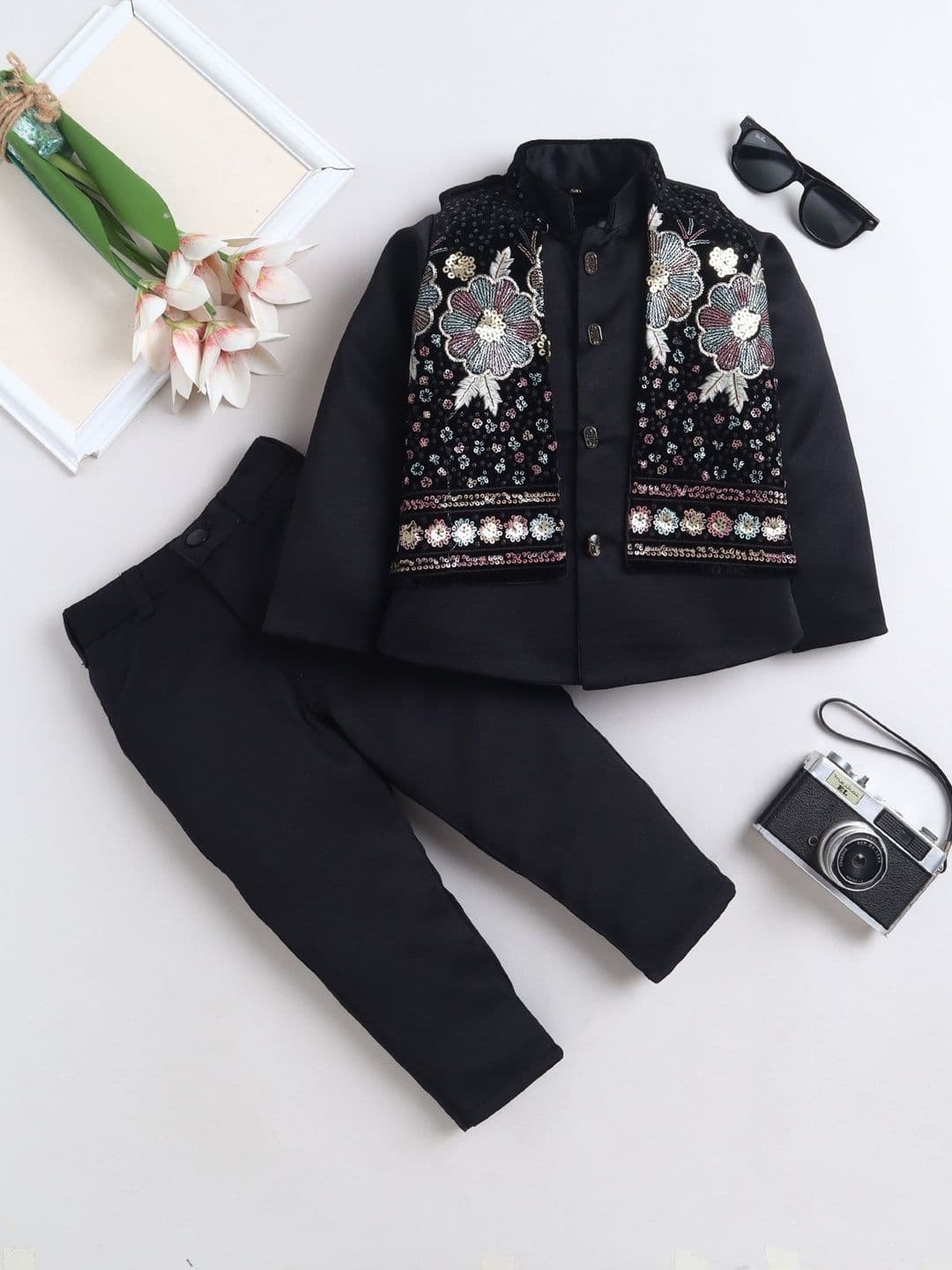 FOURFOLDS Boys Embroidered Mandarin Collar Sherwani & Trouser Set With Jacket - view 1