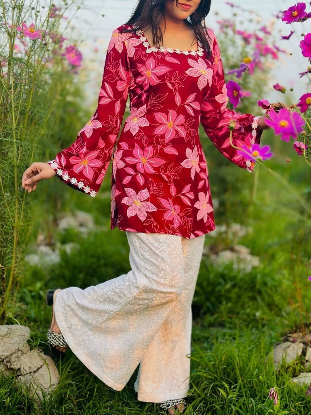 NAKSHKURTIS Floral Printed Square Neck Flared Sleeves Pure Cotton Kurti - view 1