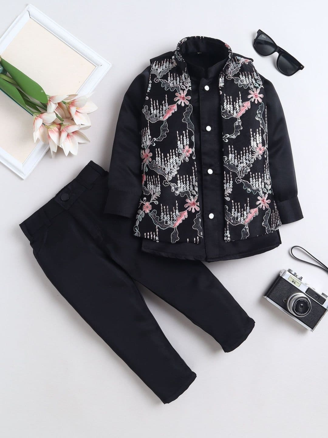 FOURFOLDS Boys Embroidered Mandarin Collar Sherwani & Trouser Set With Jacket - view 1