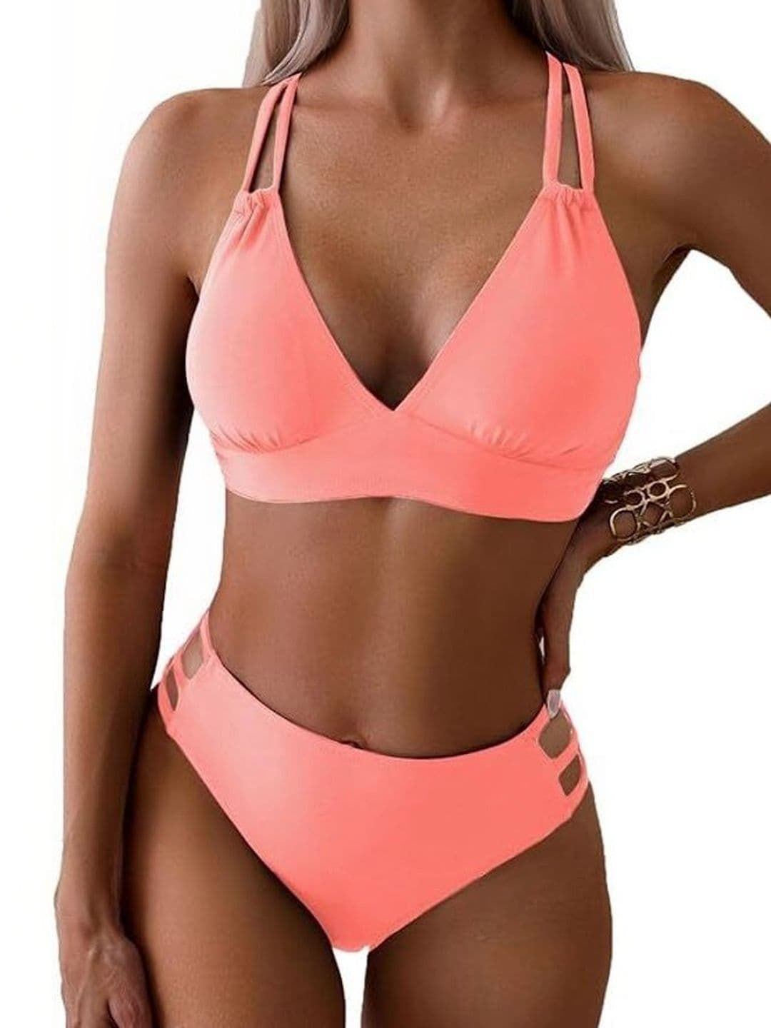 soni clothings Pink V-Neck Medium Coverage Solid Swim Bikini Set - view 1