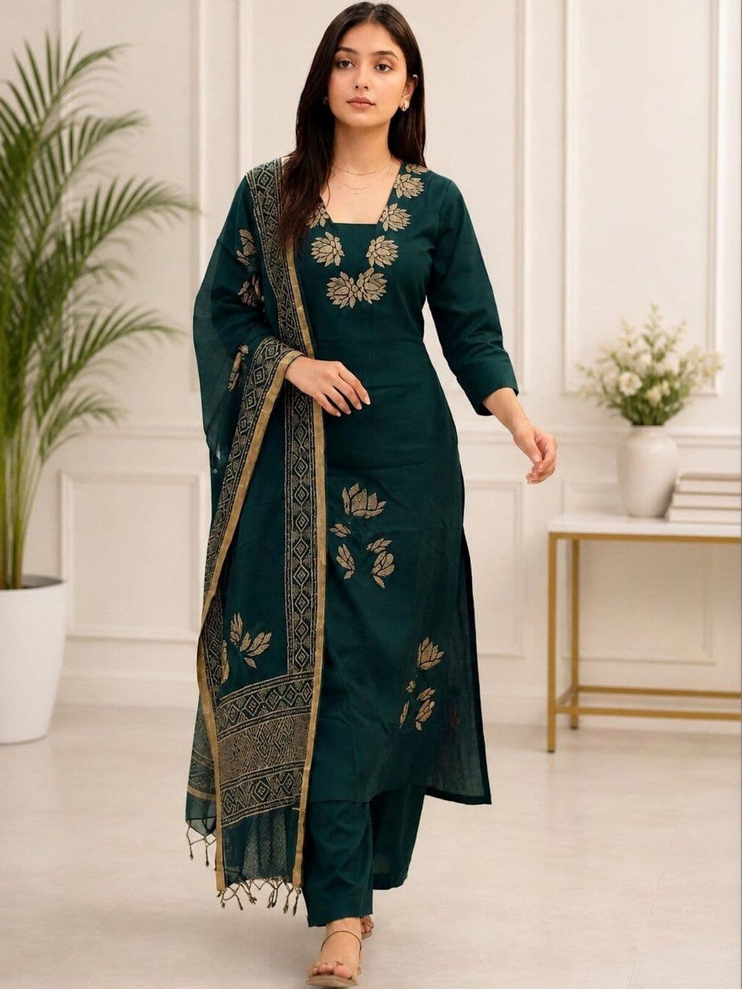 NARI DREAM Women Ethnic Motifs Printed Regular Thread Work Kurta with Trousers & With Dupatta - view 1