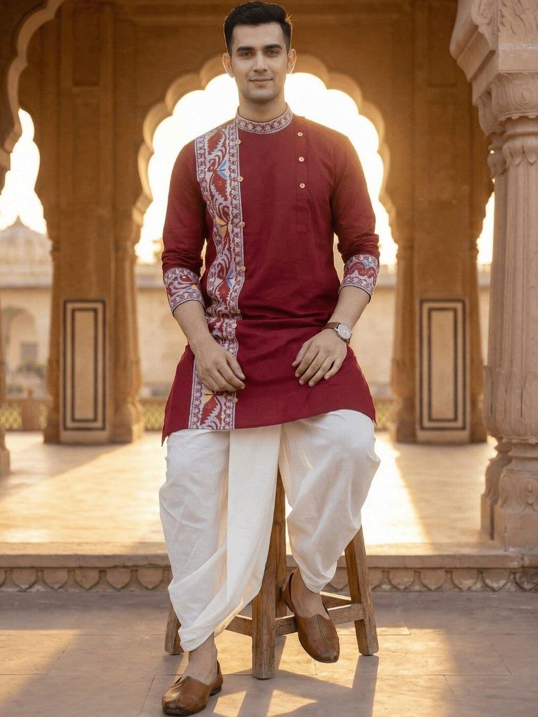 GOURI COLLECTIONS Men Cotton Jamdani Printed Straight Kurta - view 1