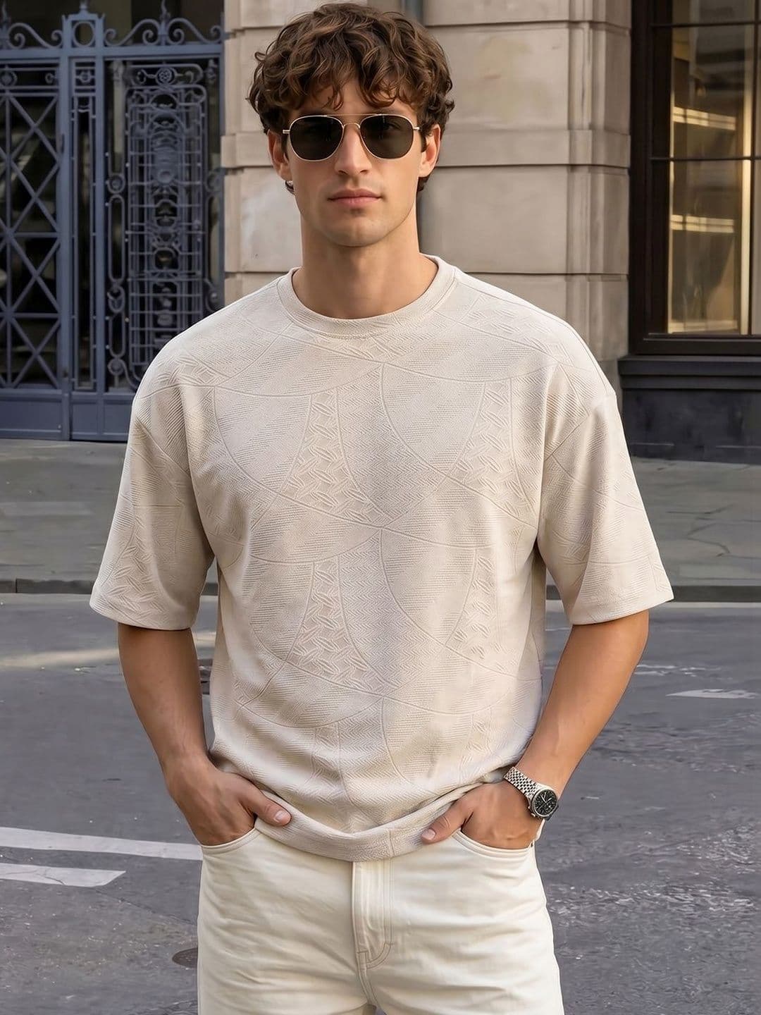 The Indian Garage Co Men Self Design Round Neck Oversized T-shirt - view 1