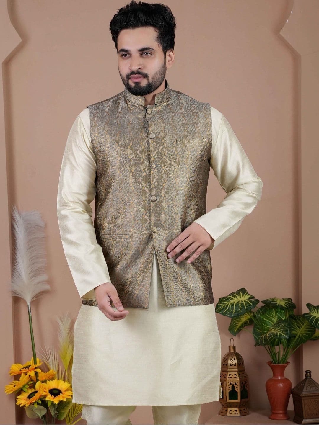 MODERN MUGHALS Woven Design Mandarin Collar Nehru Jackets - view 1