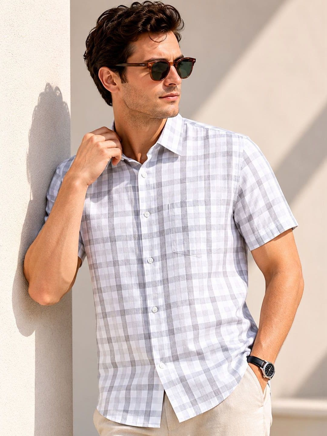 Hancock Men Checked Slim Fit Linen Formal Shirt - view 1