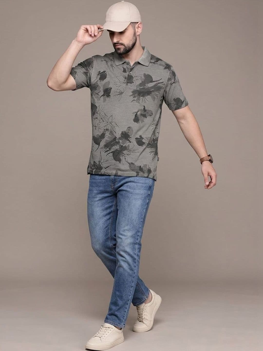 Kryptic Men Overdyed Pure Cotton Floral Printed Polo Collar T-shirt - view 1
