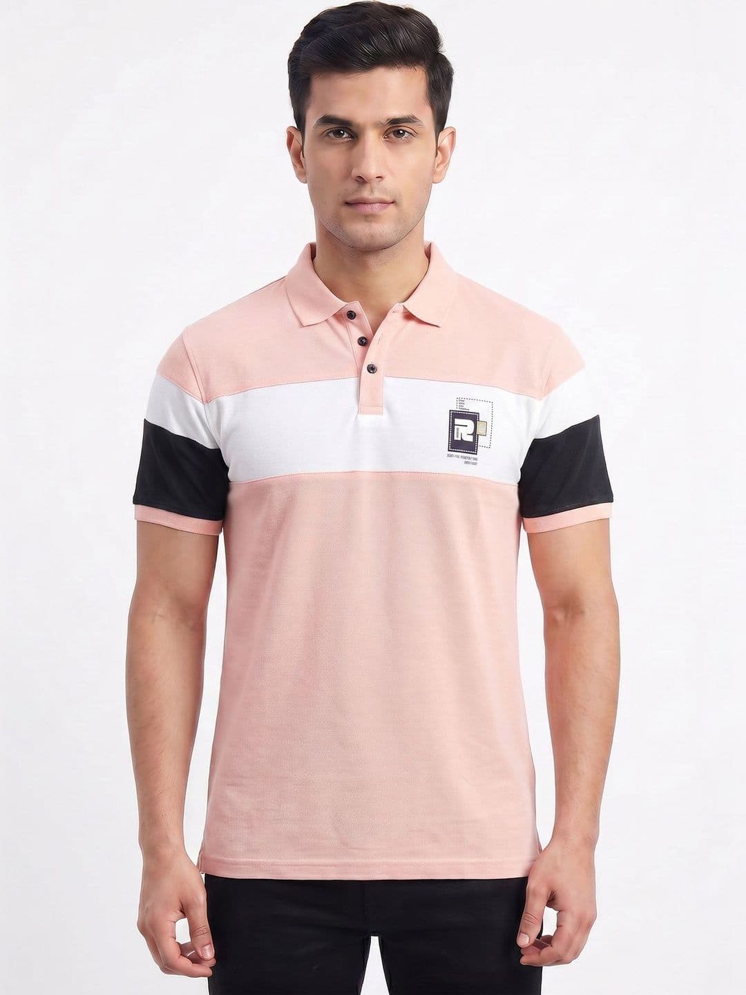 Plugin Peach Men Colourblocked Polo Collar T-shirt - view 1