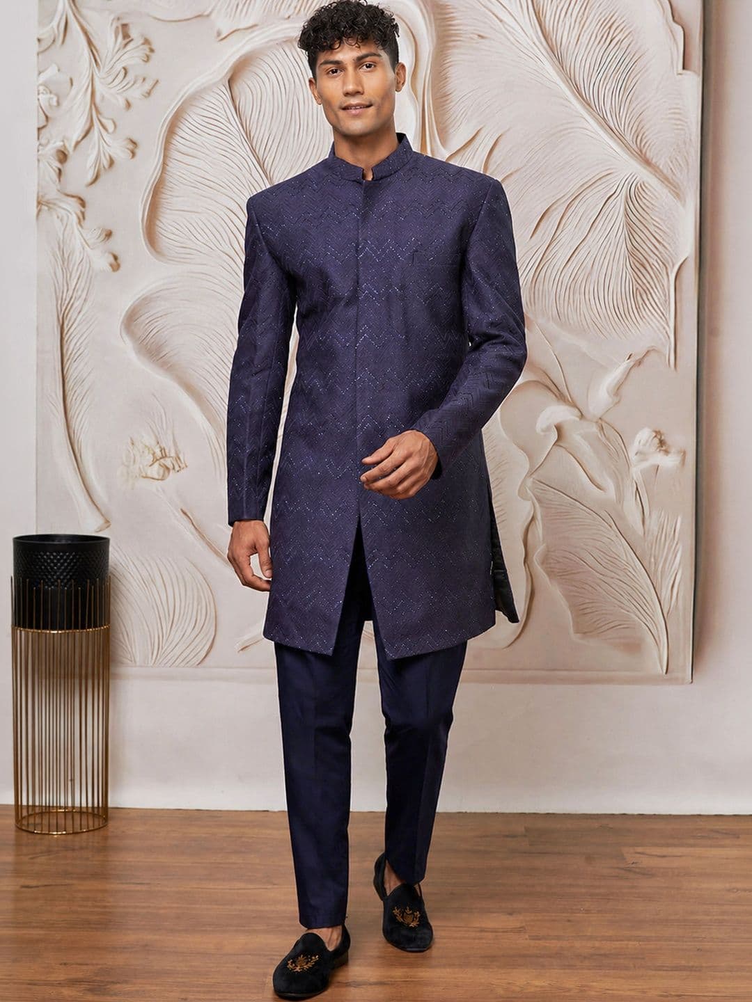 VASTRAMAY Self Design Mandarin Collar Sherwani - view 1