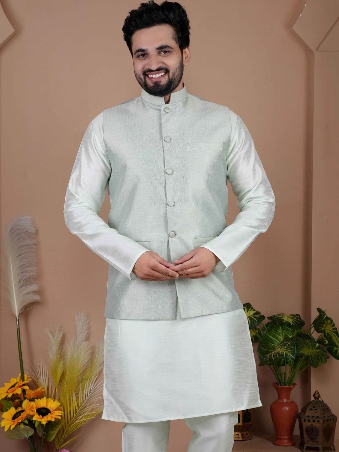 MODERN MUGHALS Woven Design Mandarin Collar Nehru Jackets - view 1