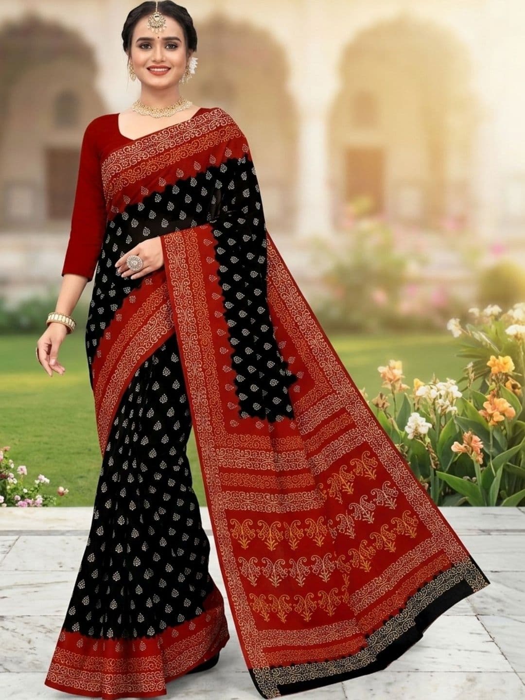 HERE&NOW X Minu Fashions Ethnic Motifs Designer Block Print Saree - view 1