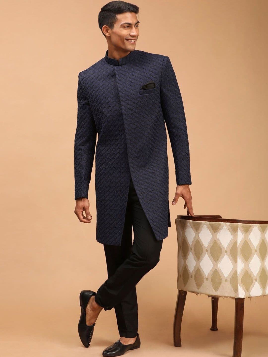 VASTRAMAY Self Design Mandarin Collar Sherwani - view 1