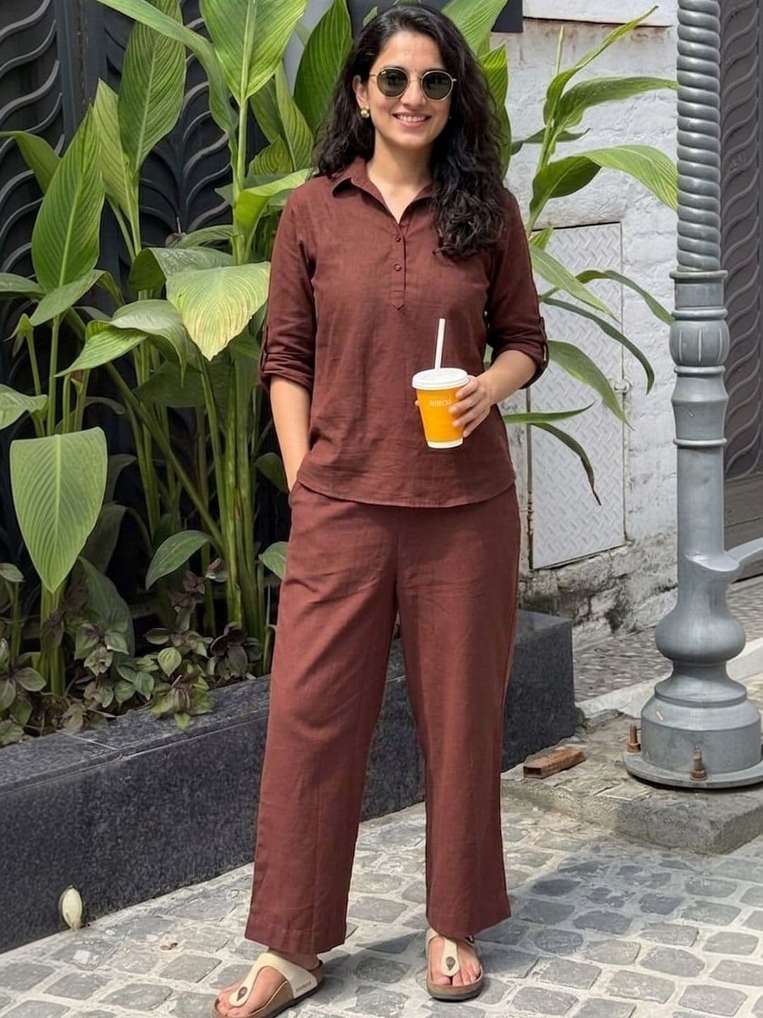 Sangria Cotton Solid Top with Trousers - view 1
