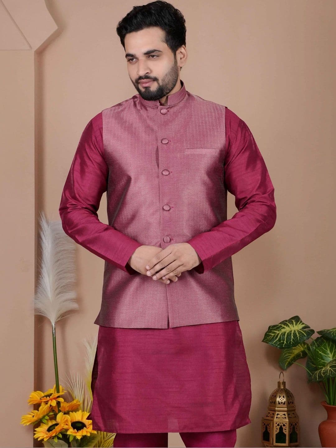 MODERN MUGHALS Woven Design Mandarin Collar Nehru Jackets - view 1