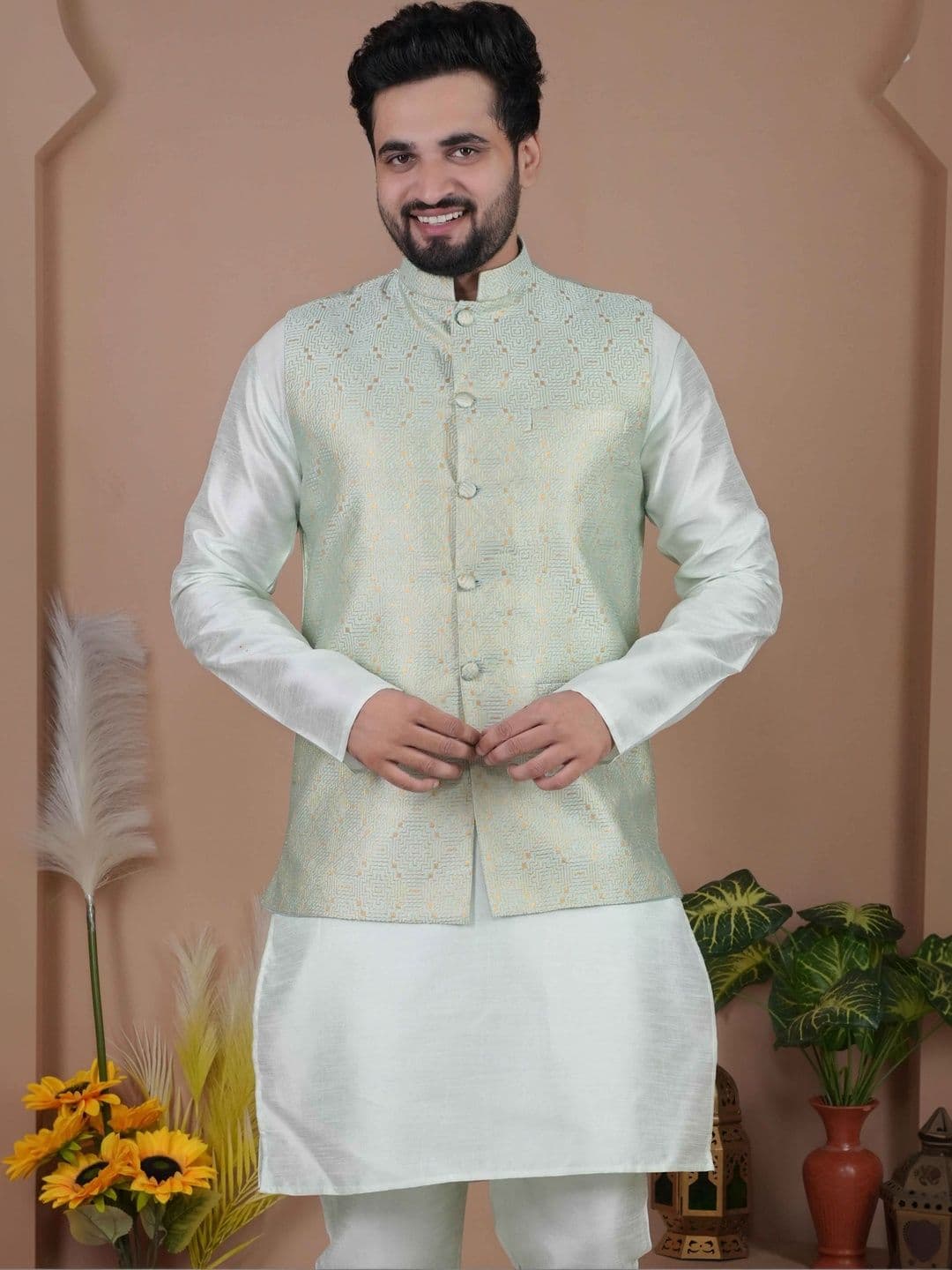 MODERN MUGHALS Woven Design Mandarin Collar Nehru Jackets - view 1