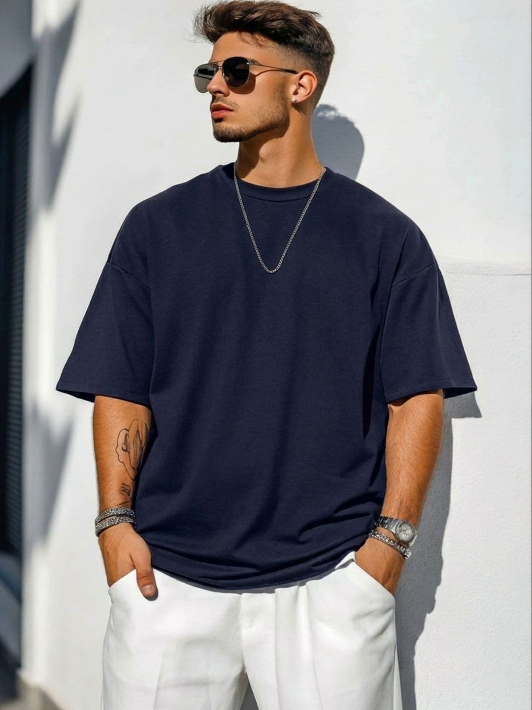 Derada Navy Blue Men Boxy T-shirt with Drop-Shoulder - view 1