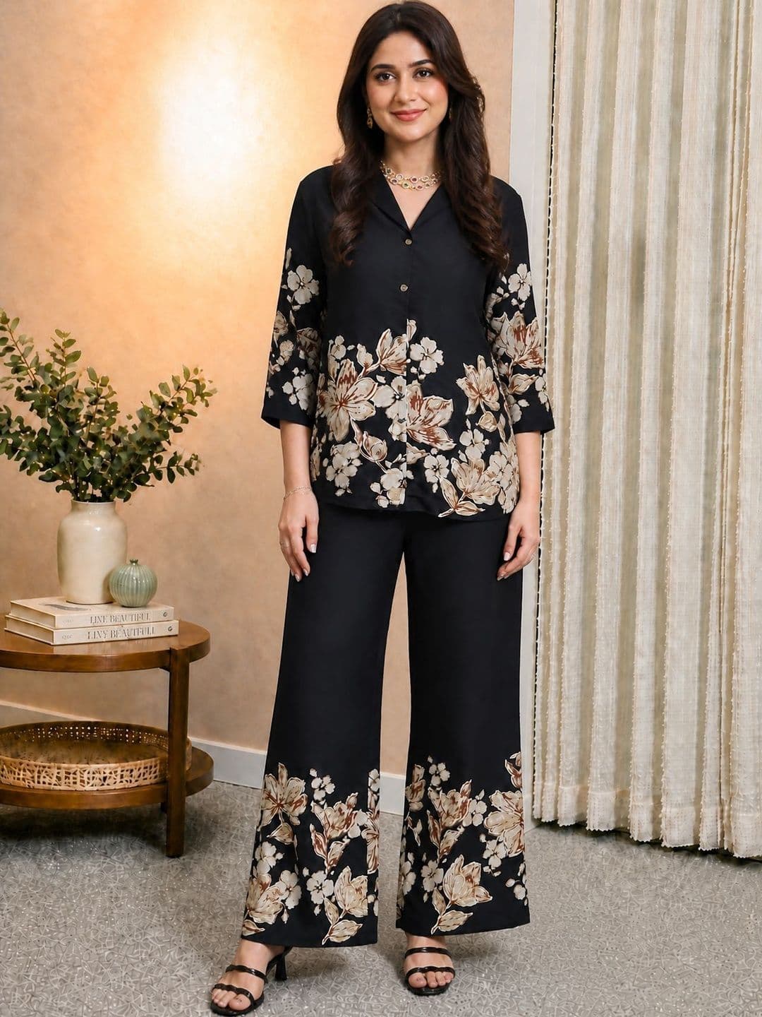 Claura Floral Printed Lapel Collar Shirt With Trousers - view 1