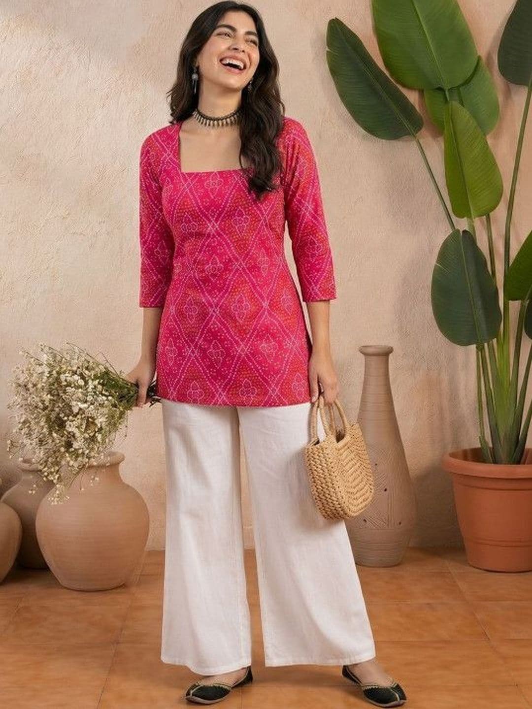 Sangria Bandhani Printed Square Neck Pure Cotton Blend Handloom Kurti - view 1