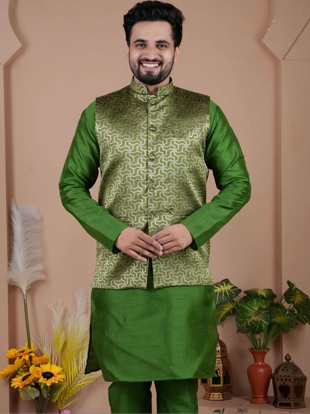 MODERN MUGHALS Woven Design Mandarin Collar Nehru Jackets - view 1