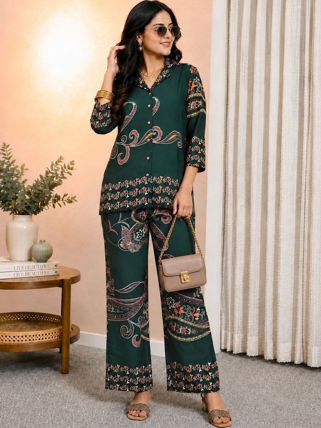 Claura Printed Shirt Collar Shirt With Trousers - view 1