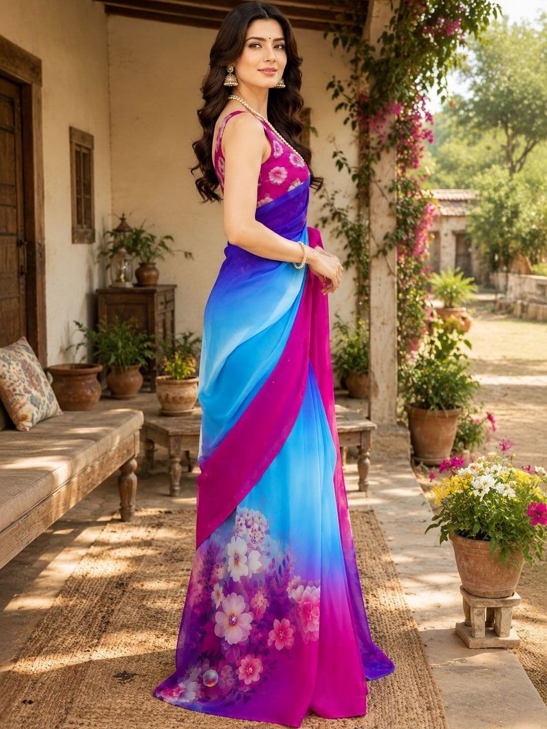 VIYONA FASHION Floral Poly Georgette Saree - view 1